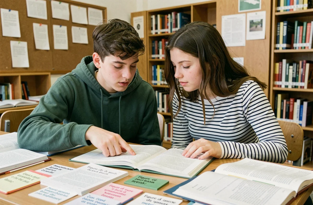 Deux collégiens qui révisent ensemble les figures de style dans une bibliothèque scolaire avec des fiches et des livres ouverts