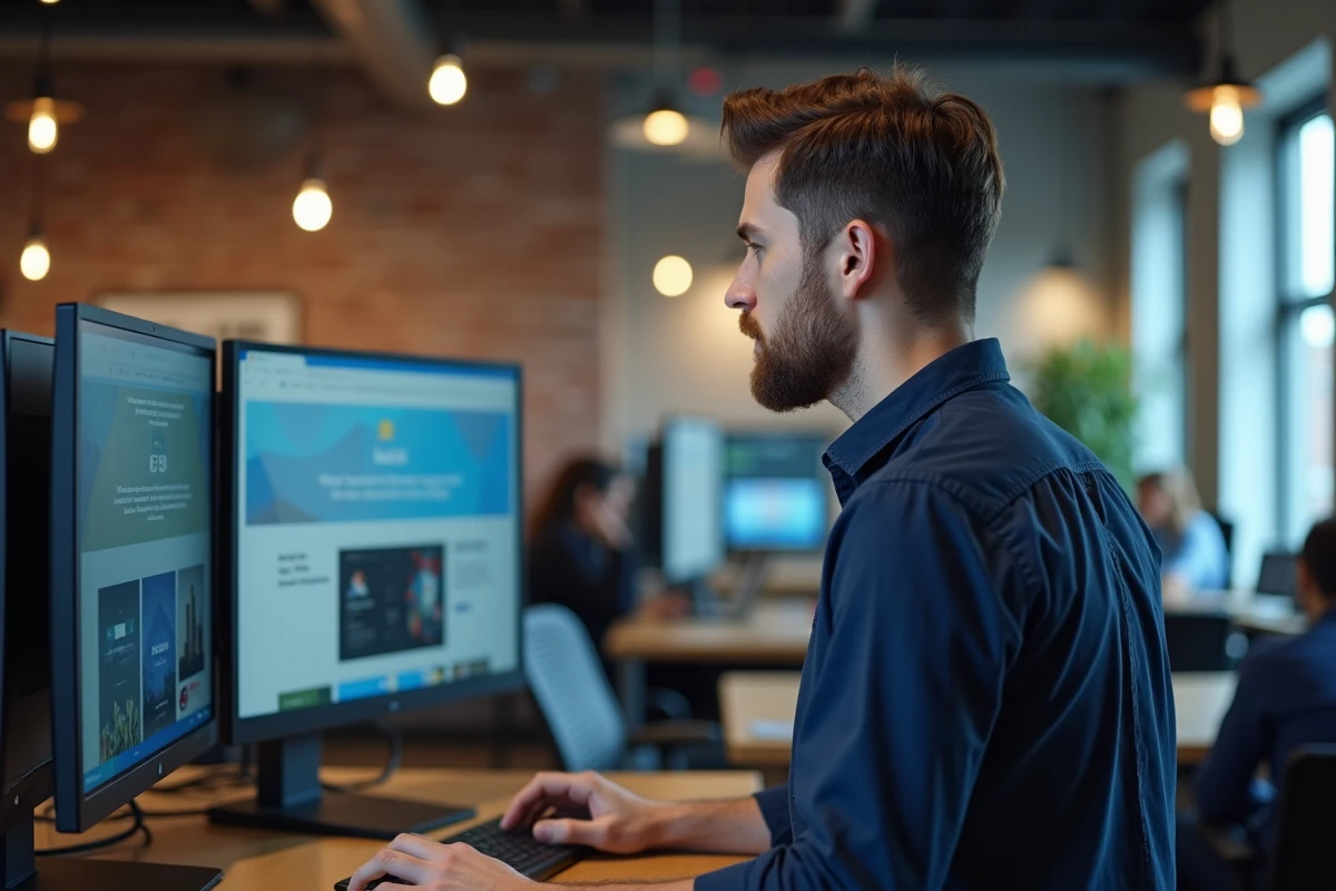 Homme comparant des plateformes de blog sur un ordinateur dans un espace de coworking moderne