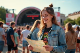Jeune femme consultant un plan de festival lors d'un concert en plein air à Lyon