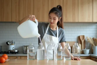 Femme versant 5 litres d'eau dans cinq récipients d'un litre pour illustrer la conversion de 5L en ml en cuisine