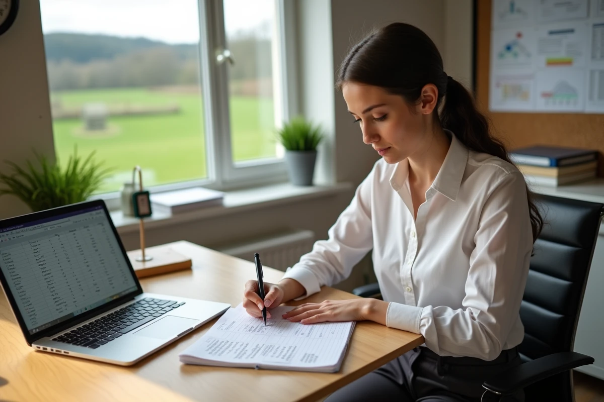 Femme calculant la conversion de quintaux en tonnes sur un cahier dans un bureau agricole