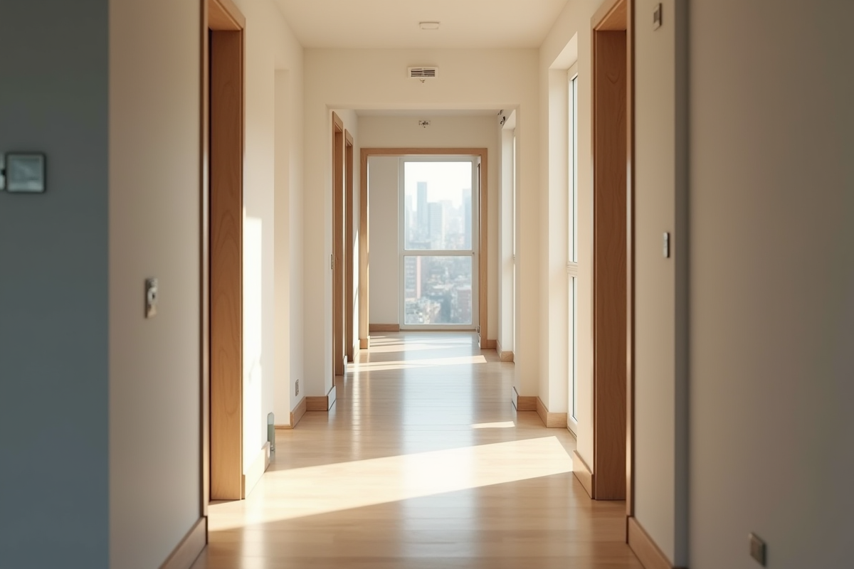 Couloir propre et lumineux dans un immeuble rénové