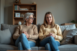 Couple d'adoption assis sur un canapé en salon