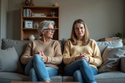 Couple d'adoption assis sur un canapé en salon