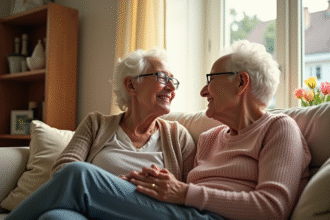 Couple d'anciens souriants assis sur un canapé lumineux