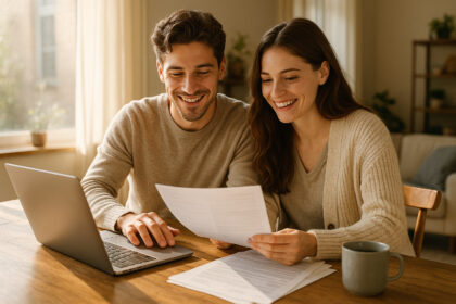 Couple souriant gérant leurs finances à la maison