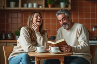 Couple qui rit ensemble autour d'une table de cuisine le dimanche matin, ambiance détendue et complice