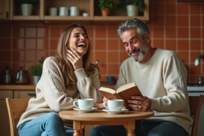 Couple qui rit ensemble autour d'une table de cuisine le dimanche matin, ambiance détendue et complice