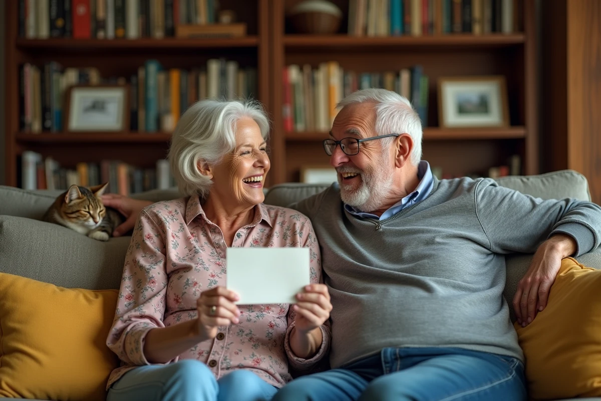 Couple de seniors qui s'amuse avec une citation humoristique sur leur canapé dans un salon chaleureux et personnel