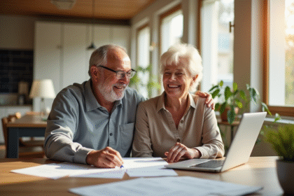 Couple souriant à la maison avec documents fiscaux et ordinateur