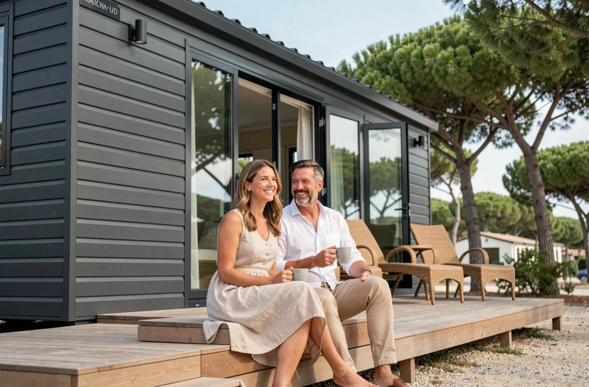 Couple profitant de la terrasse d'un mobil-home design français haut de gamme dans un camping côtier méditerranéen