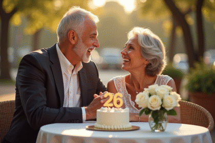 Couple d'âge heureux tenant main lors d'un café extérieur pour leur anniversaire