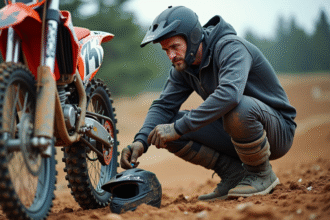 Homme en équipement motocross vérifiant la chaîne de sa moto