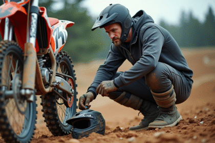 Homme en équipement motocross vérifiant la chaîne de sa moto
