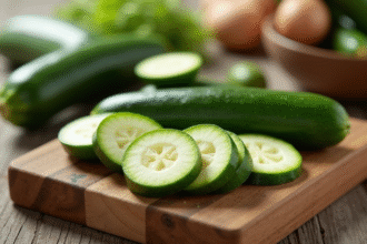 Courgettes vertes tranchées sur planche en bois