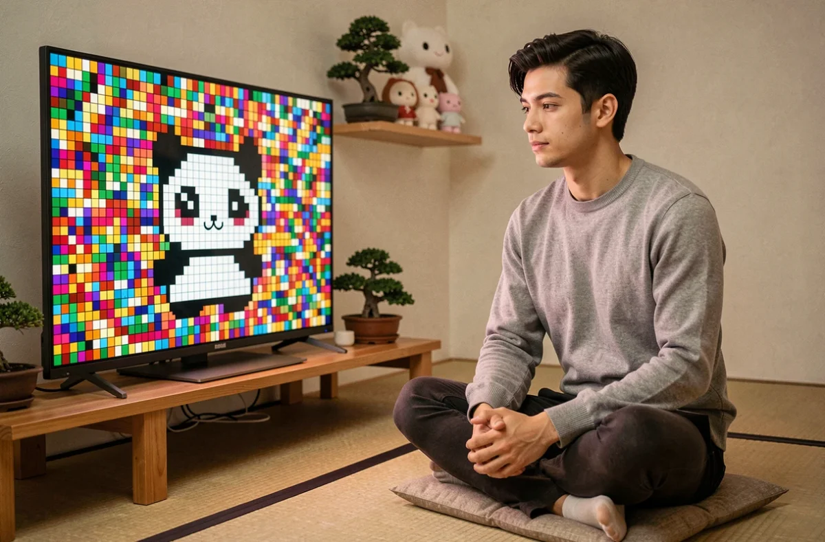Jeune homme créant un pixel art kawaii de panda sur grand écran dans une pièce au style japonais minimaliste