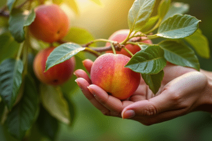 Mains cueillant des nectarines mûres sur un arbre avec rosée