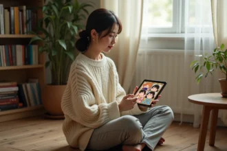 Jeune femme découvrant une plateforme de lecture de manga sur une tablette dans un appartement chaleureux entouré de livres