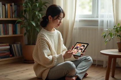 Jeune femme découvrant une plateforme de lecture de manga sur une tablette dans un appartement chaleureux entouré de livres