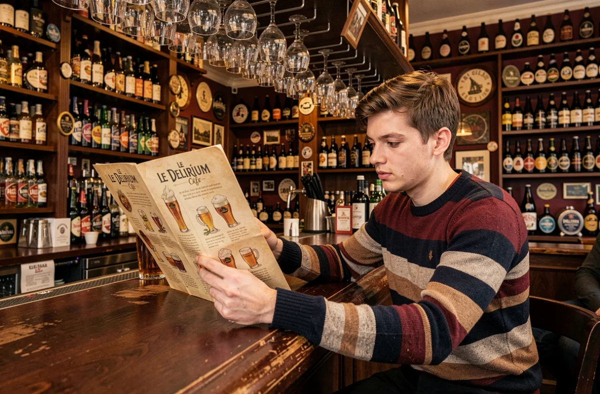 Client étudiant la carte des bières belges au Delirium Cafe sous des rangées de verres suspendus