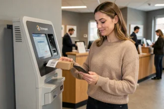 Femme déposant un colis Chronopost à un point de dépôt en bureau de poste en scannant une étiquette d'envoi