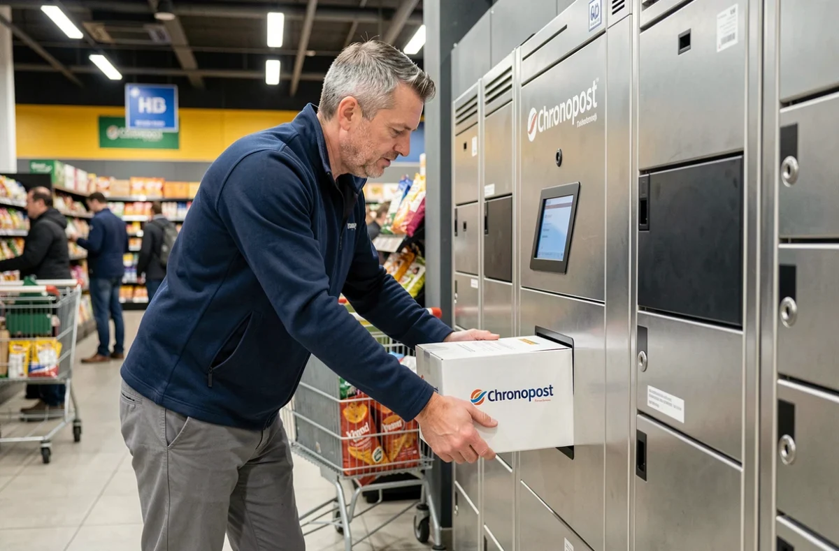 Homme déposant un colis Chronopost dans une consigne automatique en supermarché