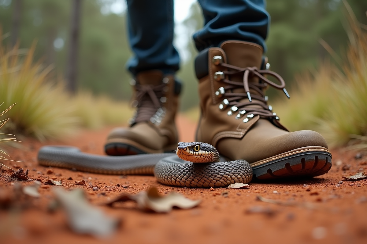 Serpent brun australien près de bottes de randonnée