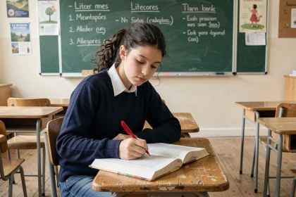 Lycéenne annotant un manuel de français avec des figures de style au tableau en arrière-plan dans une salle de classe