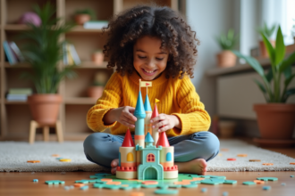 Fille joyeuse assemble un puzzle de château coloré