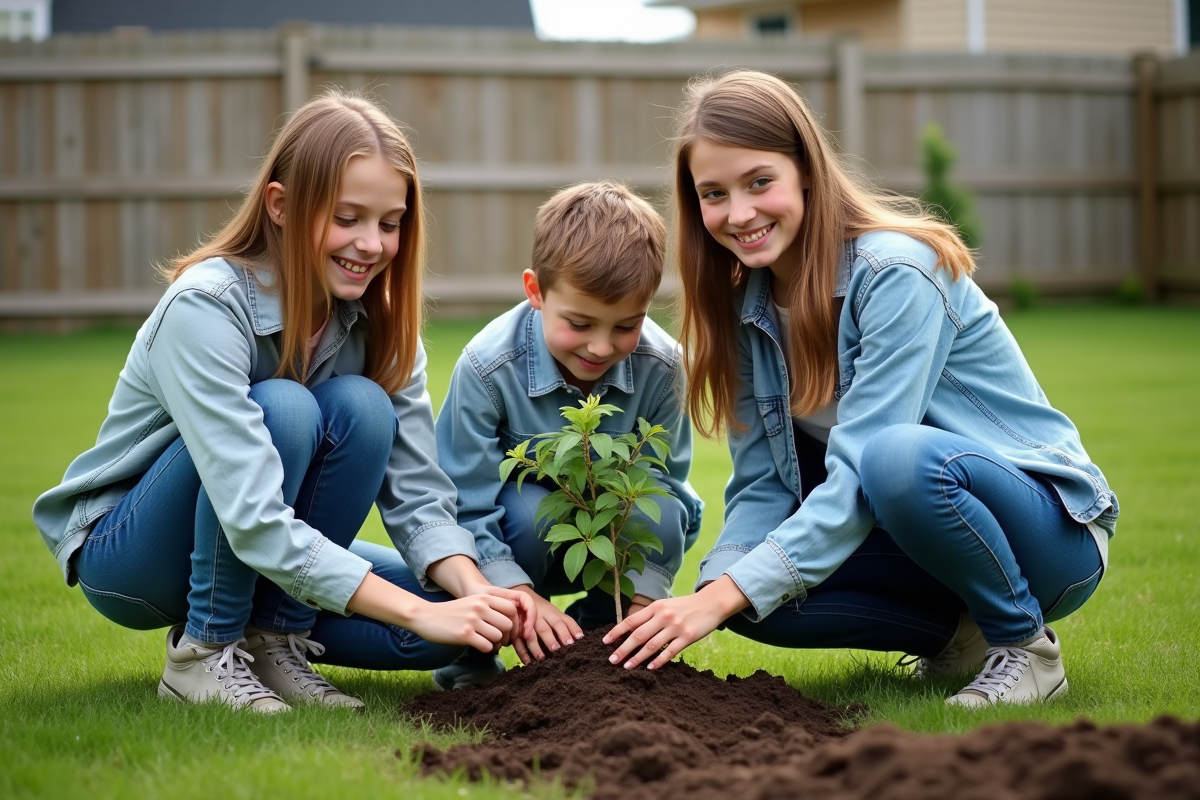 Adolescents et mère plantant des arbres dans le jardin