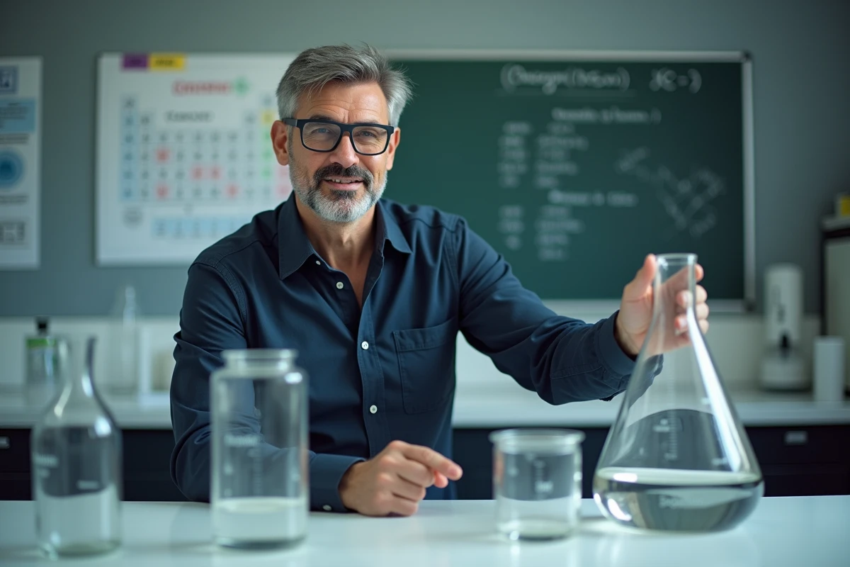 Enseignant en laboratoire tenant un bécher gradué de 5000 ml pour expliquer la conversion des litres en millilitres