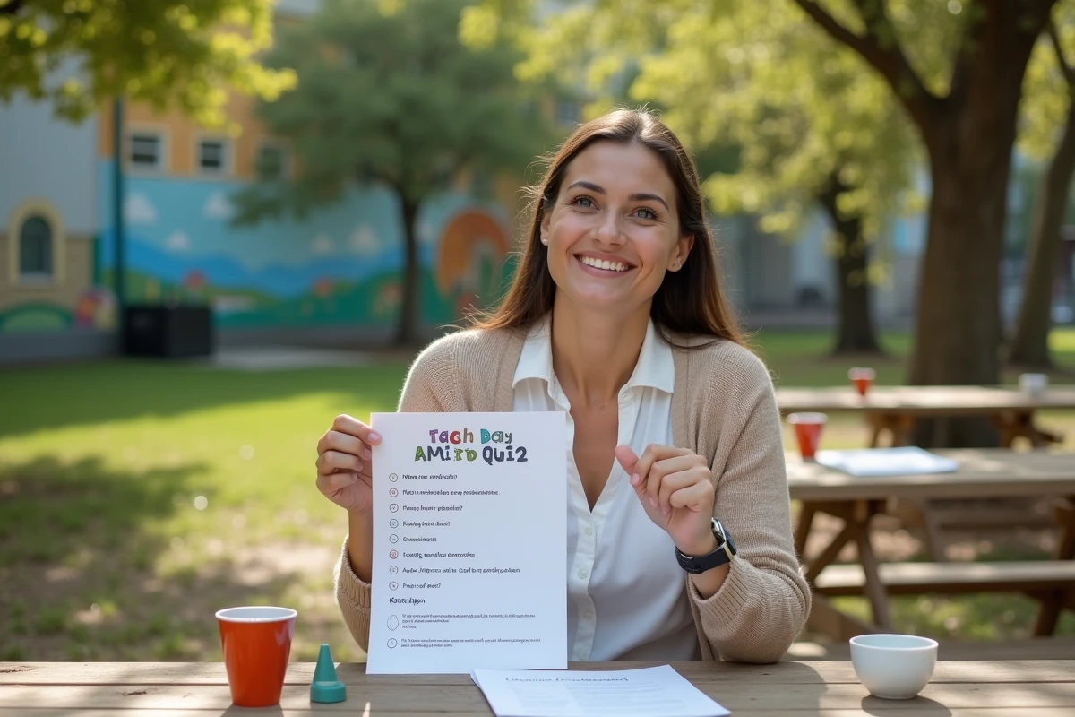 Jeune enseignante en plein air montrant un quiz de la journee de la terre aux enfants