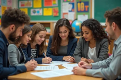 Groupe d'enseignants autour d'une table en classe pour la journee de la terre
