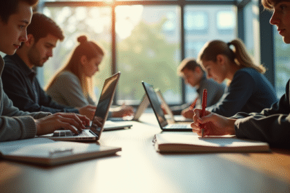 Espace d'étude universitaire moderne et lumineux avec étudiants