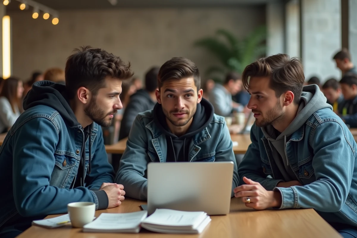 Groupe d'étudiants analysant des statistiques de joueurs League of Legends sur un ordinateur portable en salle commune