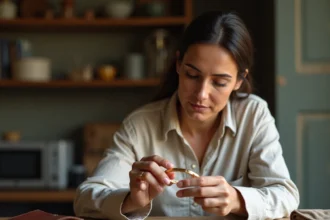 Femme examinant le poinçon d'un bracelet en or rapporté de voyage, posé sur une table en bois avec des souvenirs étrangers
