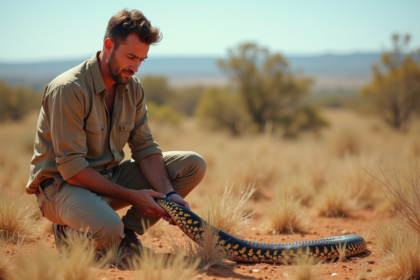 Expert australien manipulant un taipan dans le bush