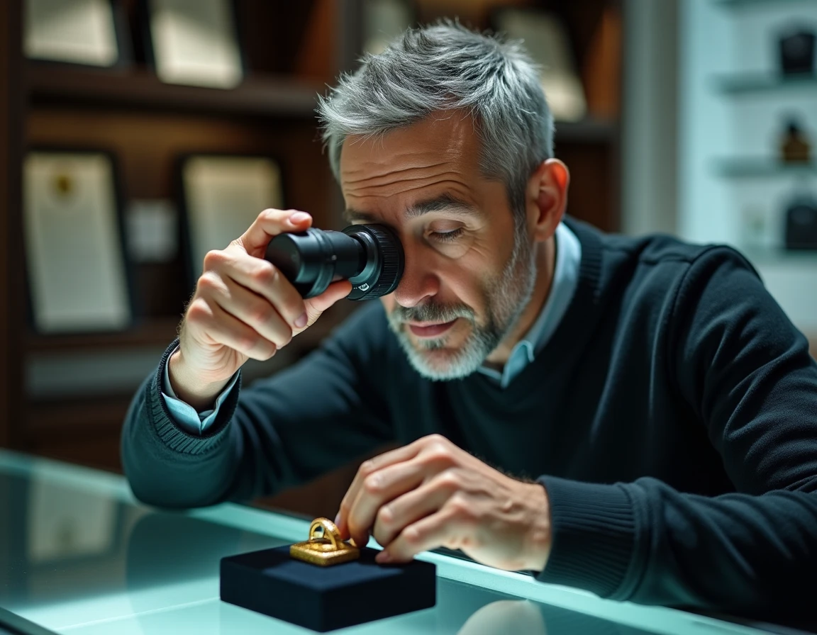 Joaillier professionnel utilisant une loupe pour évaluer un poinçon sur une bague en or étrangère dans un atelier de joaillerie