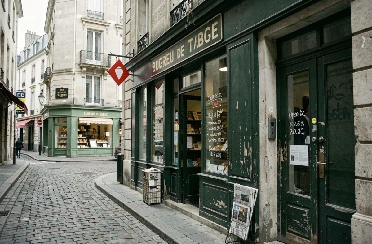 Façade extérieure d'un bureau de tabac français avec enseigne carotte rouge et horaires affichés sur la vitrine d'une rue pavée