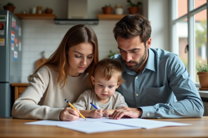 Famille jeune en cuisine avec documents et dessin