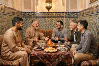 Famille marocaine réunie autour d'une table d'iftar pendant le Ramadan avec harira, dattes et thé à la menthe