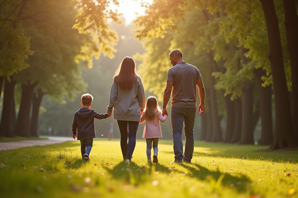 Famille recomposée se promenant dans un parc parisien ensoleille