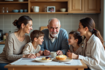 Famille multigenerations autour d'une table de cuisine lumineuse