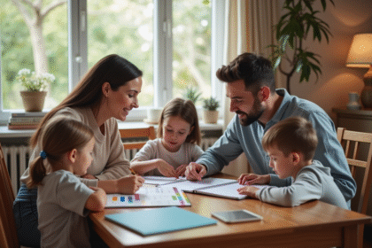 Famille autour d'un planning familial dans une salle à manger chaleureuse