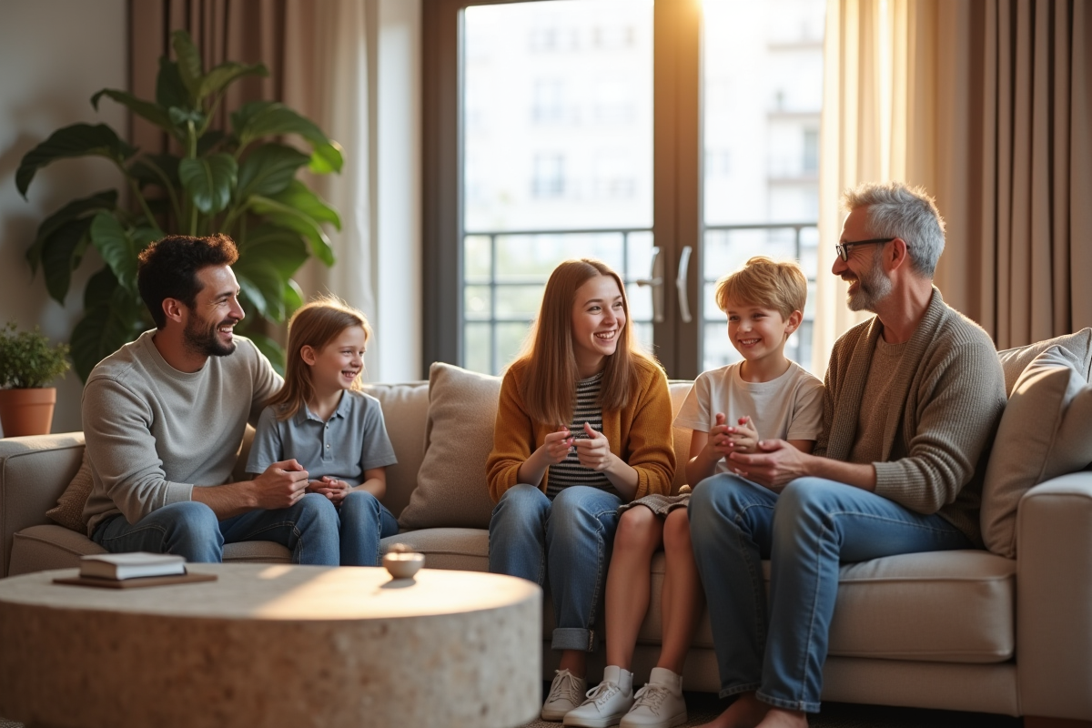 Famille multigenerational dans un salon lumineux