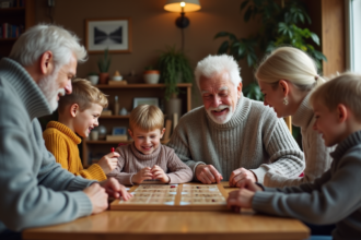 Famille multigenerational partageant un jeu de société chaleureux