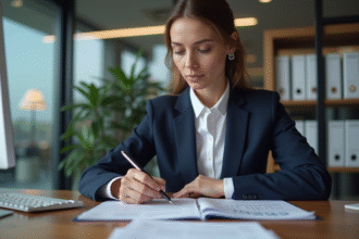 Femme d'affaires en réunion dans une banque moderne