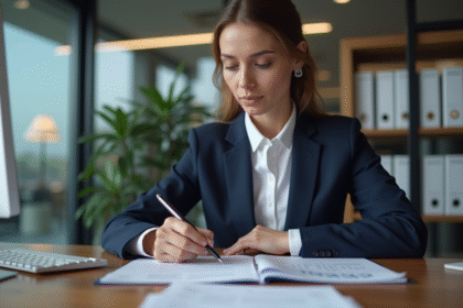 Femme d'affaires en réunion dans une banque moderne