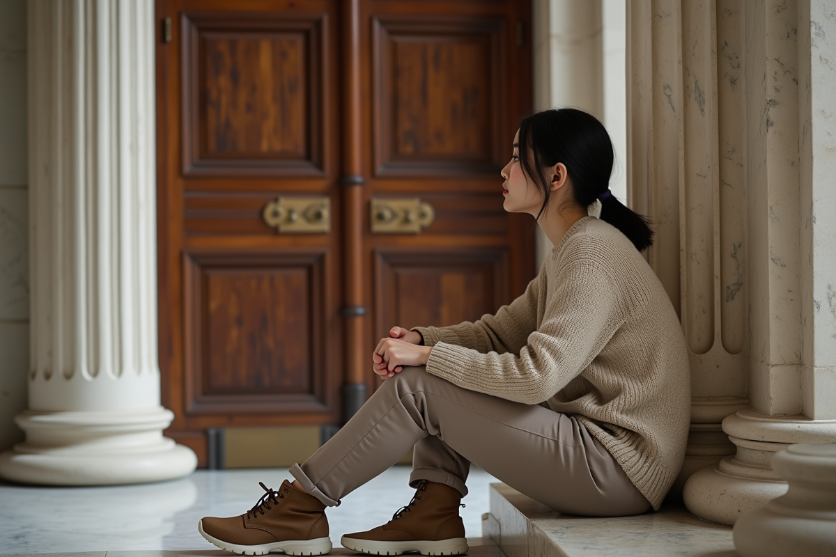 Jeune femme observant un portail ancien en intérieur