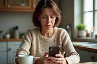 Femme inquiète regardant un appel entrant suspect sur son smartphone avec un numéro 03 77 inconnu